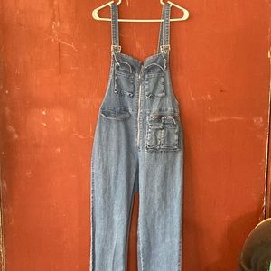 Zip Front Denim Cargo Straight Leg Overalls
